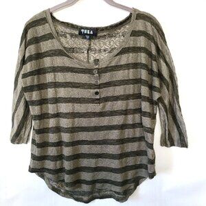 TELA Henley Top Sz S Black Gray Stripe 3/4 Slv Scoop Neck Burnout Sheer Light